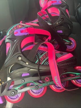 Sulifeel Kids Inline Skates — Bright Pink with Teal Accents size 4 to 7 youth